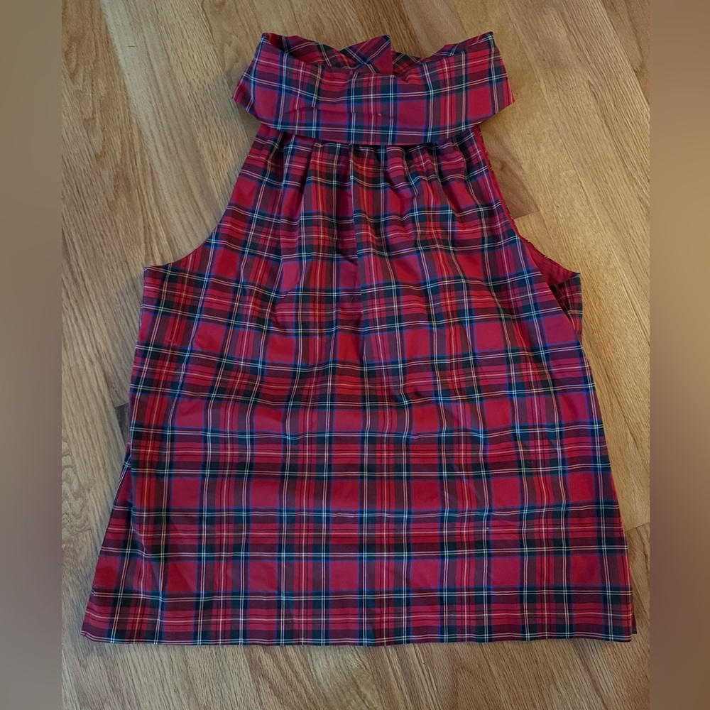 SAIL TO SABLE Blouse Red Tartan Plaid Cowl Neck Gold Button Back Women's L NWT